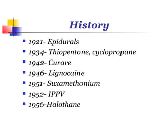 History
   1921- Epidurals
   1934- Thiopentone, cyclopropane
   1942- Curare
   1946- Lignocaine
   1951- Suxamethonium
   1952- IPPV
   1956-Halothane
 
