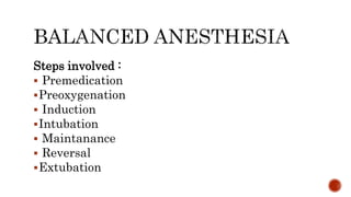 Steps involved :
 Premedication
Preoxygenation
 Induction
Intubation
 Maintanance
 Reversal
Extubation
 