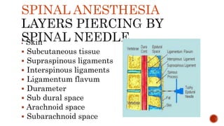 SPINAL ANESTHESIA
 Skin
 Subcutaneous tissue
 Supraspinous ligaments
 Interspinous ligaments
 Ligamentum flavum
 Durameter
 Sub dural space
 Arachnoid space
 Subarachnoid space
 