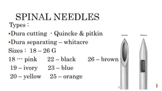 Types :
Dura cutting - Quincke & pitkin
Dura separating – whitacre
Sizes : 18 – 26 G
18 --- pink 22 – black 26 – brown
19 – ivory 23 – blue
20 – yellow 25 – orange
 