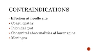  Infection at needle site
 Coagulopathy
 Pilonidal cyst
 Congenital abnormalities of lower spine
 Meninges
 
