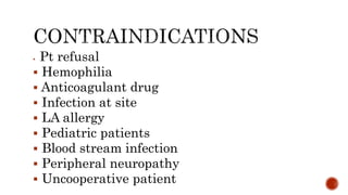  Pt refusal
 Hemophilia
 Anticoagulant drug
 Infection at site
 LA allergy
 Pediatric patients
 Blood stream infection
 Peripheral neuropathy
 Uncooperative patient
 