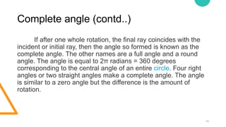 Complete angle (contd..)
14
If after one whole rotation, the final ray coincides with the
incident or initial ray, then th...