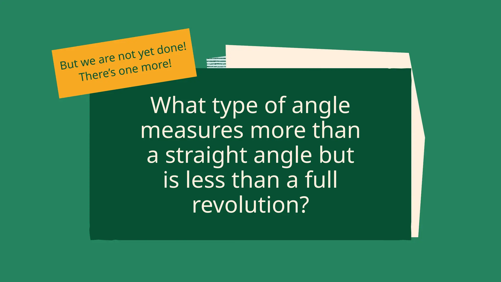 What type of angle
measures more than
a straight angle but
is less than a full
revolution?
But we are not yet done!
There’s one more!
 