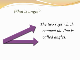 What is angle? 
The two rays which 
connect the line is 
called angles. 
 