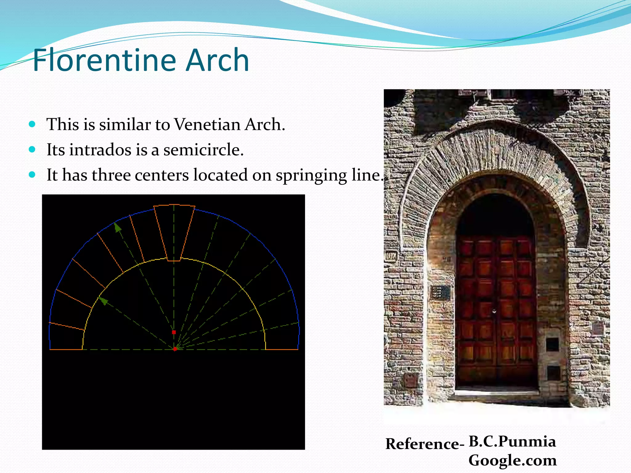 Florentine Arch
 This is similar to Venetian Arch.
 Its intrados is a semicircle.
 It has three centers located on springing line.
Reference- B.C.Punmia
Google.com
 
