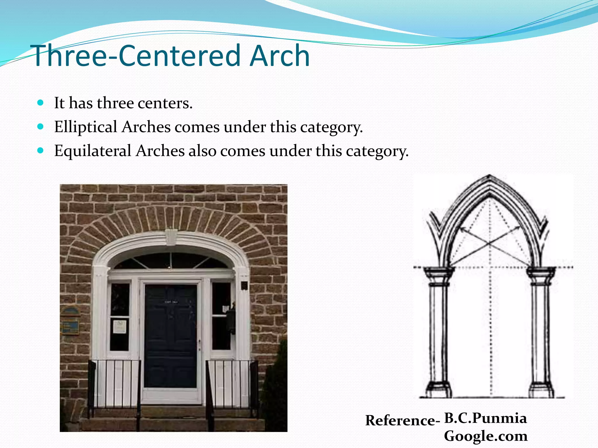 Three-Centered Arch
 It has three centers.
 Elliptical Arches comes under this category.
 Equilateral Arches also comes under this category.
Reference- B.C.Punmia
Google.com
 