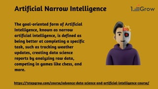 The goal-oriented form of Artificial
Intelligence, known as narrow
artificial intelligence, is defined as
being better at completing a specific
task, such as tracking weather
updates, creating data science
reports by analyzing raw data,
competing in games like chess, and
more.
https://1stepgrow.com/course/advance-data-science-and-artificial-intelligence-course/
Artificial Narrow Intelligence
 