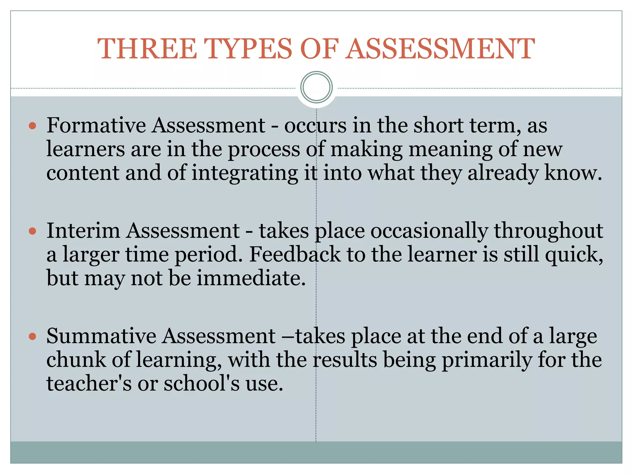 THREE TYPES OF ASSESSMENT
Formative Assessment - occurs in the short term, as
learners are in the process of making meaning of new
content and of integrating it into what they already know.
Interim Assessment - takes place occasionally throughout
a larger time period. Feedback to the learner is still quick,
but may not be immediate.
Summative Assessment –takes place at the end of a large
chunk of learning, with the results being primarily for the
teacher's or school's use.