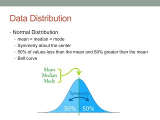 Data Distribution
• Normal Distribution
• mean = median = mode
• Symmetry about the center
• 50% of values less than the mean and 50% greater than the mean
• Bell curve

 