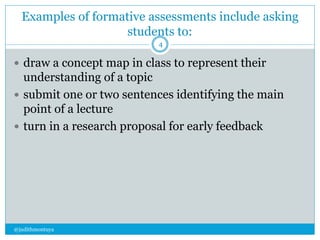 Examples of formative assessments include asking 
students to: 
@judithmontuya 
4 
 draw a concept map in class to represent their 
understanding of a topic 
 submit one or two sentences identifying the main 
point of a lecture 
 turn in a research proposal for early feedback 
 