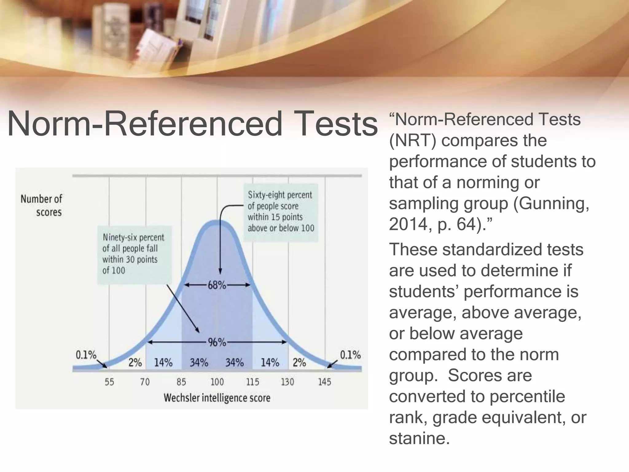 Norm-Referenced Tests “Norm-Referenced Tests 
(NRT) compares the 
performance of students to 
that of a norming or 
sampling group (Gunning, 
2014, p. 64).” 
These standardized tests 
are used to determine if 
students’ performance is 
average, above average, 
or below average 
compared to the norm 
group. Scores are 
converted to percentile 
rank, grade equivalent, or 
stanine. 
 