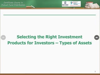 1
Selecting the Right Investment
Products for Investors – Types of Assets
 