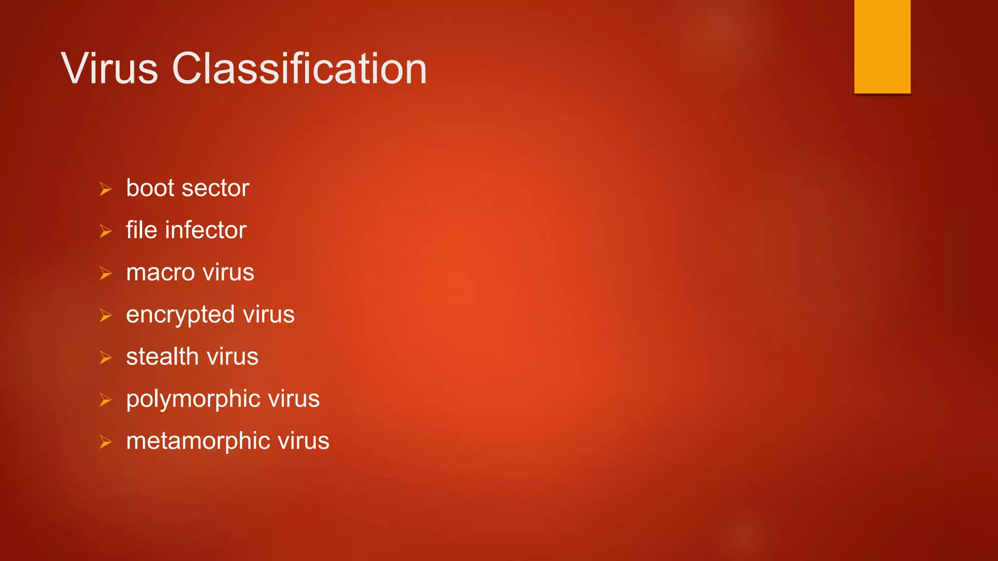 Virus Classification
 boot sector
 file infector
 macro virus
 encrypted virus
 stealth virus
 polymorphic virus
 metamorphic virus
 
