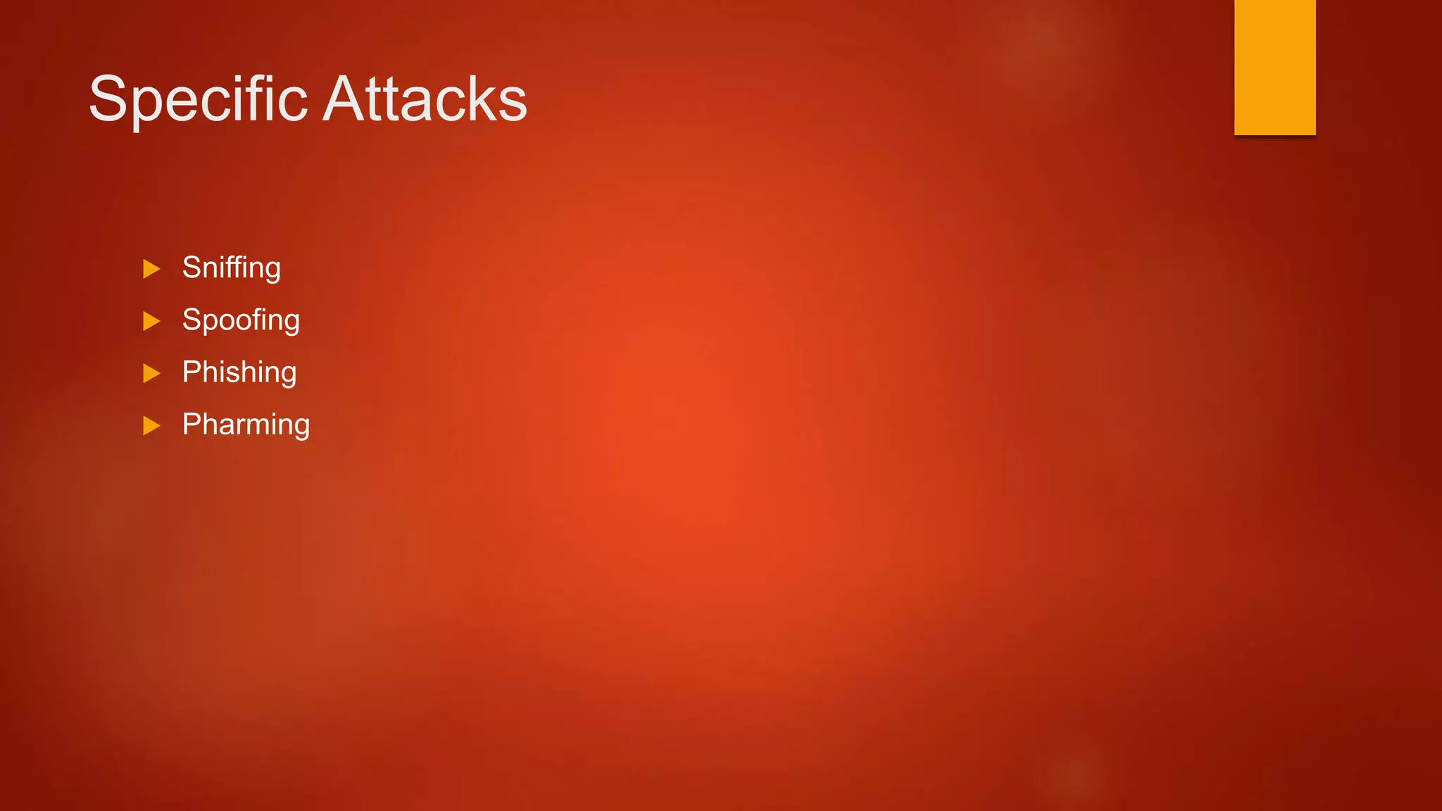 Specific Attacks
 Sniffing
 Spoofing
 Phishing
 Pharming
 