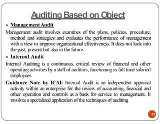 A
uditingBased on Object
● ManagementAudit
Management audit involves examines of the plans, policies, procedure,
method an...