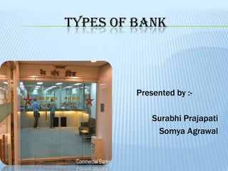 TYPES OF BANK



         Presented by :-

             Surabhi Prajapati
              Somya Agrawal
 