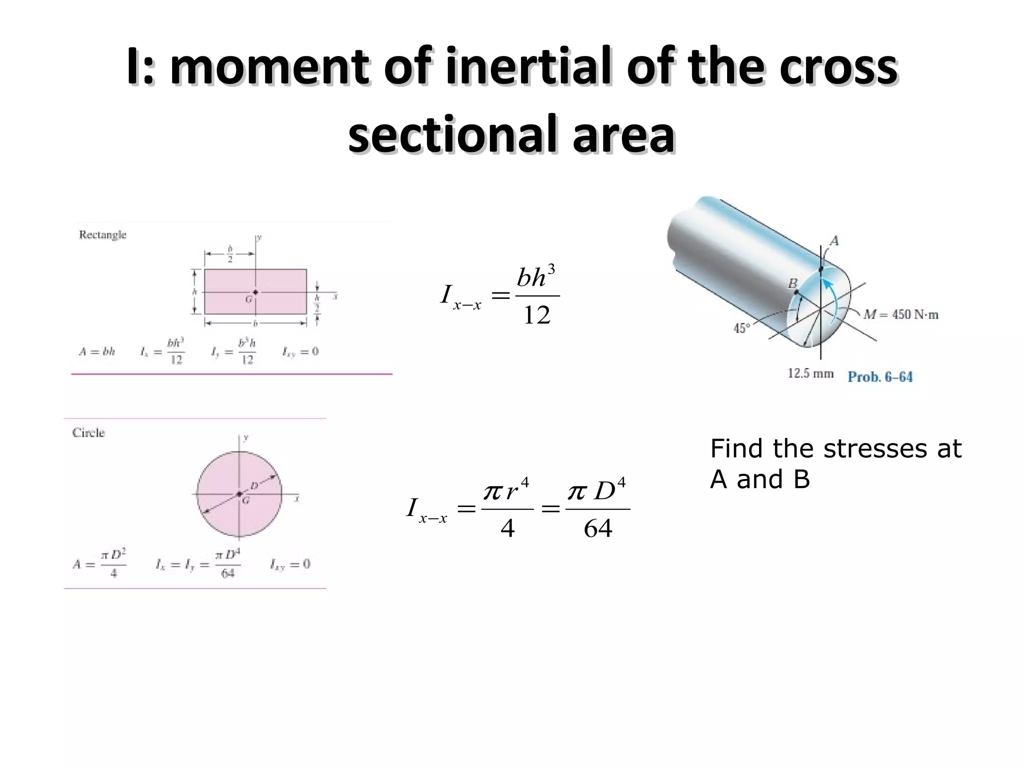 I: moment of inertial of the crossI: moment of inertial of the cross
sectional areasectional area
12
3
bh
I xx =−
644
44
Dr
I xx
ππ
==−
Find the stresses at
A and B
 