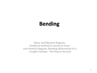 BendingBending
Shear and Moment Diagram,
Graphical method to construct shear
and moment diagram, Bending deformation of a
straight member, The flexure formula
1
 
