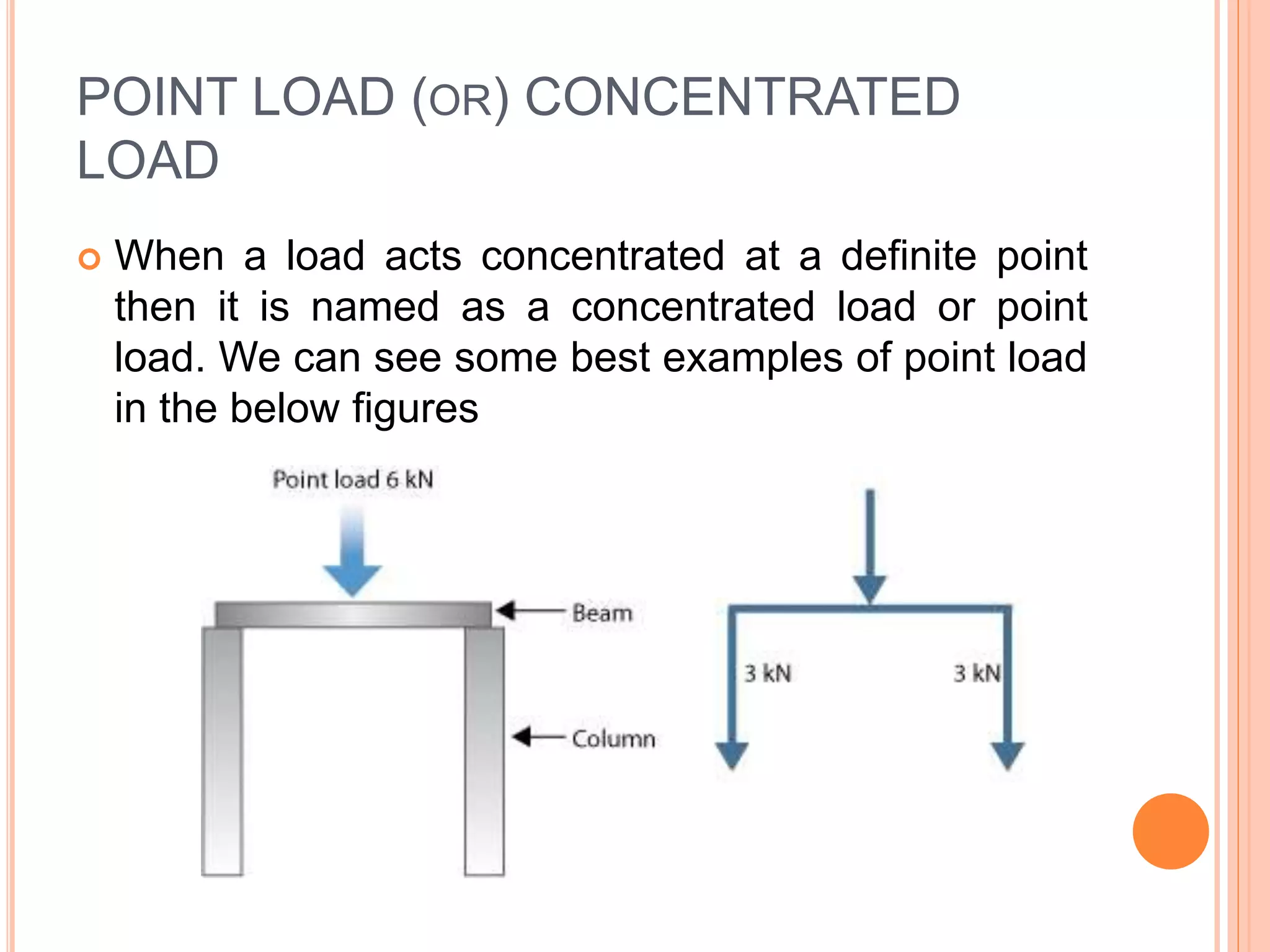 POINT LOAD (OR) CONCENTRATED
LOAD
 When a load acts concentrated at a definite point
then it is named as a concentrated load or point
load. We can see some best examples of point load
in the below figures
 