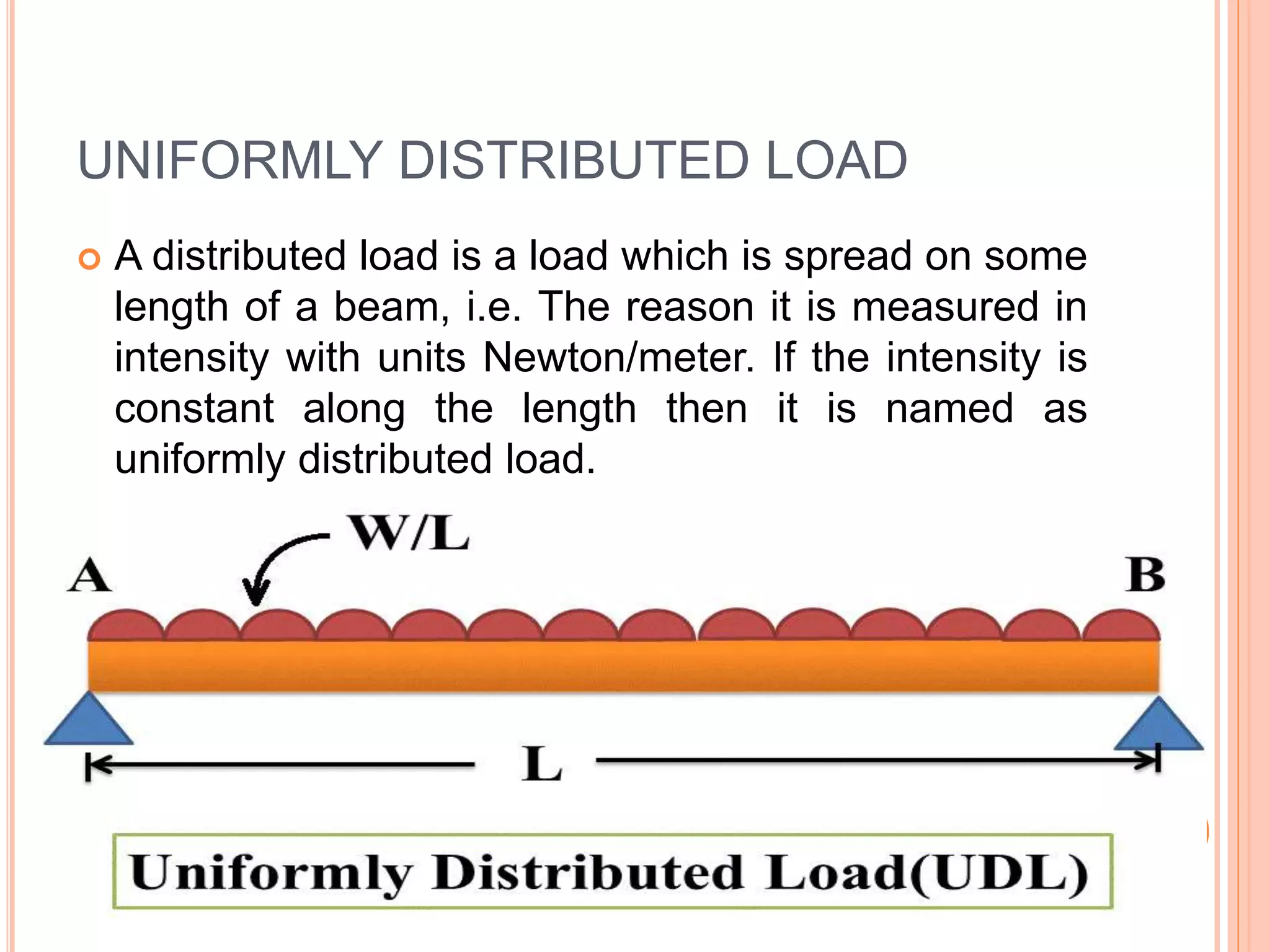 UNIFORMLY DISTRIBUTED LOAD
 A distributed load is a load which is spread on some
length of a beam, i.e. The reason it is measured in
intensity with units Newton/meter. If the intensity is
constant along the length then it is named as
uniformly distributed load.
 