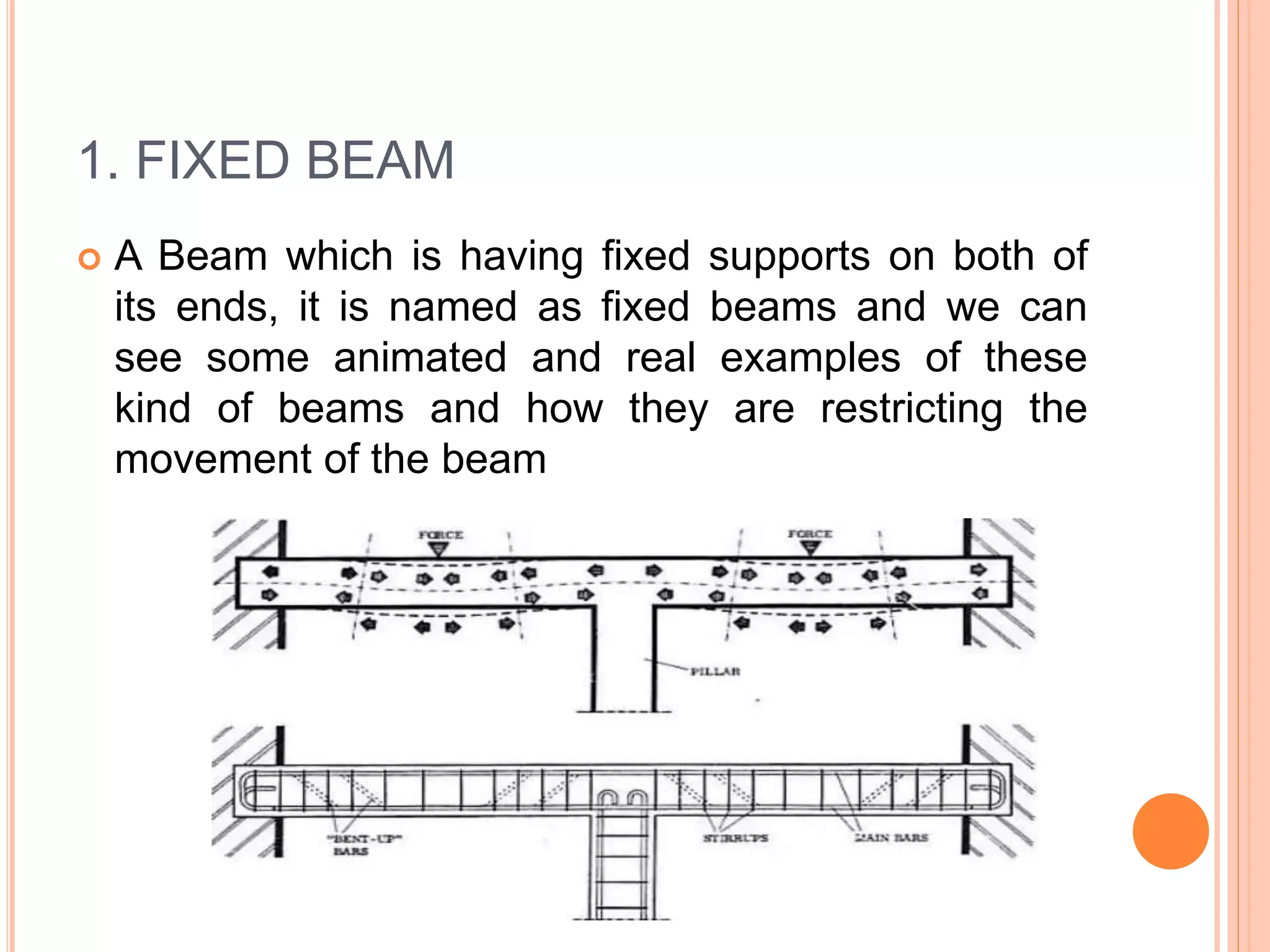 1. FIXED BEAM
 A Beam which is having fixed supports on both of
its ends, it is named as fixed beams and we can
see some animated and real examples of these
kind of beams and how they are restricting the
movement of the beam
 