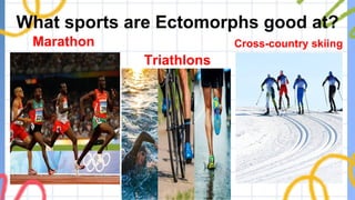 What sports are Ectomorphs good at?
Marathon Cross-country skiing
Triathlons
 