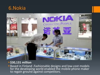6.Nokia




 $30,131 million
 Based in Finland .Fashionable designs and low-cost models
  for the developing world enabled the mobile phone maker
  to regain ground against competitors.
 