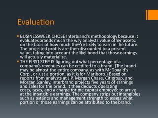 Evaluation
 BUSINESSWEEK CHOSE Interbrand's methodology because it
  evaluates brands much the way analysts value other assets:
  on the basis of how much they're likely to earn in the future.
  The projected profits are then discounted to a present
  value, taking into account the likelihood that those earnings
  will actually materialize.
 THE FIRST STEP IS figuring out what percentage of a
  company's revenues can be credited to a brand. (The brand
  may be almost the entire company, as with McDonald's
  Corp., or just a portion, as it is for Marlboro.) Based on
  reports from analysts at J.P. Morgan Chase, Citigroup, and
  Morgan Stanley, Interbrand projects five years of earnings
  and sales for the brand. It then deducts operating
  costs, taxes, and a charge for the capital employed to arrive
  at the intangible earnings. The company strips out intangibles
  such as patents and management strength to assess what
  portion of those earnings can be attributed to the brand.
 
