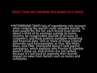 Here's how we calculate the power in a name
INTERBRAND TAKES lots of ingredients into account
when ranking the world's most valuable brands. To
even qualify for the list, each brand must derive
about a third of its earnings outside its home
country, be recognizable outside of its base of
customers, and have publicly available marketing
and financial data. One or more of those criteria
eliminate such heavyweights as Visa, Wal-Mart,
Mars, and CNN. Interbrand doesn't rank parent
companies, which explains why Procter & Gamble
doesn't show up. And airlines are not ranked
because it's too hard to separate their brands'
impact on sales from factors such as routes and
schedules.