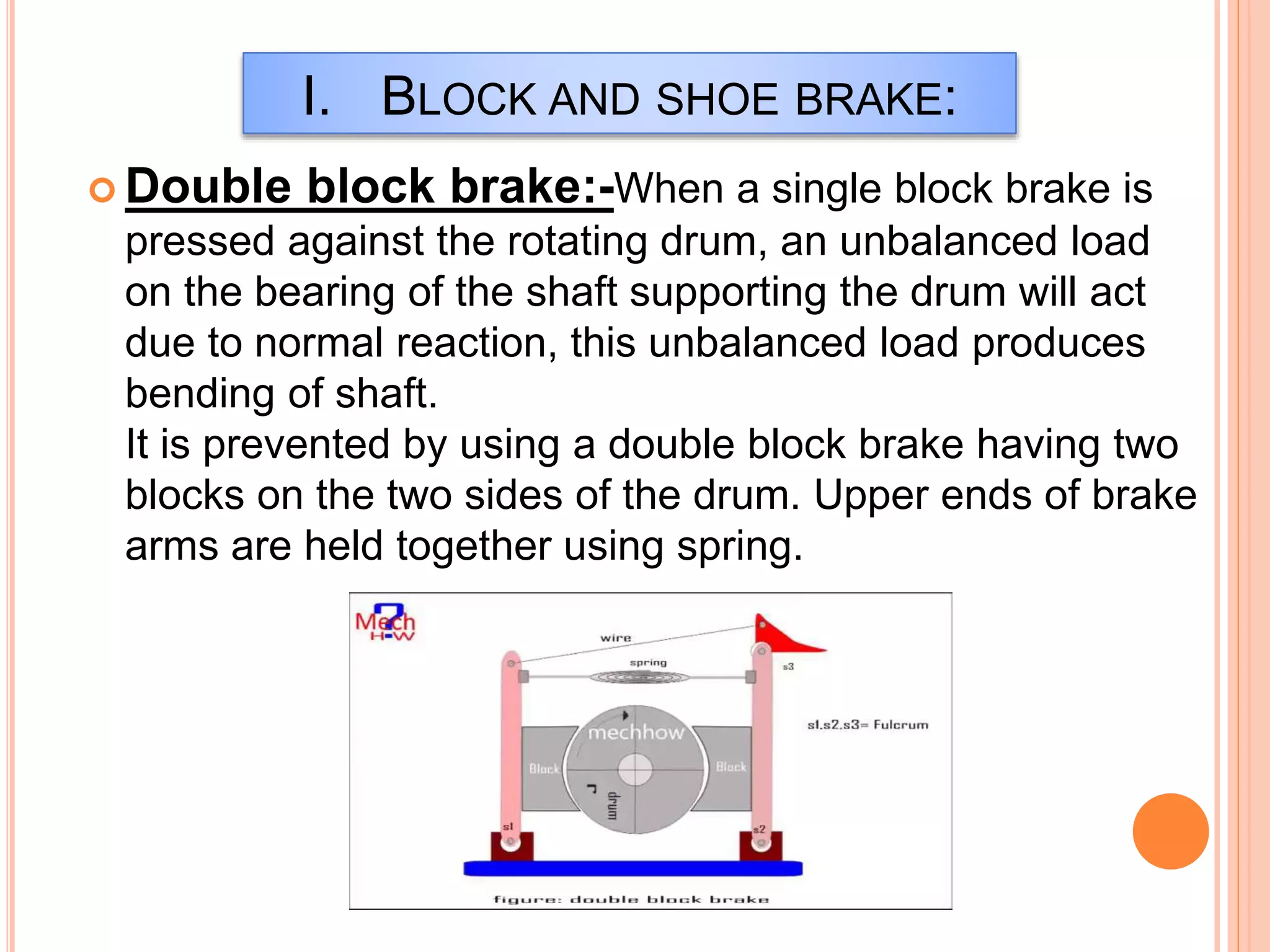  Double block brake:-When a single block brake is
pressed against the rotating drum, an unbalanced load
on the bearing of the shaft supporting the drum will act
due to normal reaction, this unbalanced load produces
bending of shaft.
It is prevented by using a double block brake having two
blocks on the two sides of the drum. Upper ends of brake
arms are held together using spring.
I. BLOCK AND SHOE BRAKE:
 