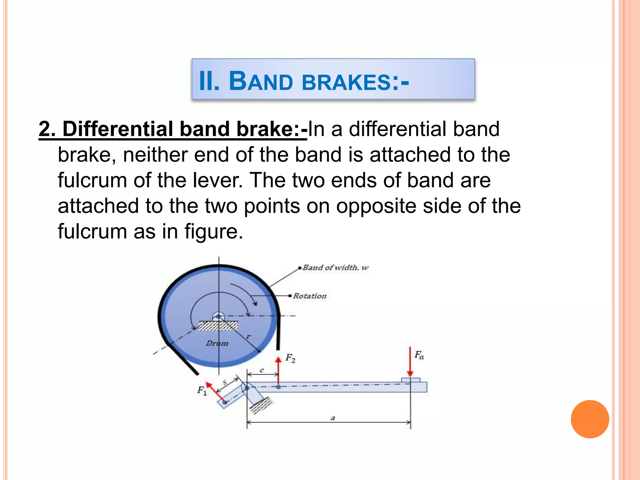 2. Differential band brake:-In a differential band
brake, neither end of the band is attached to the
fulcrum of the lever. The two ends of band are
attached to the two points on opposite side of the
fulcrum as in figure.
II. BAND BRAKES:-
 