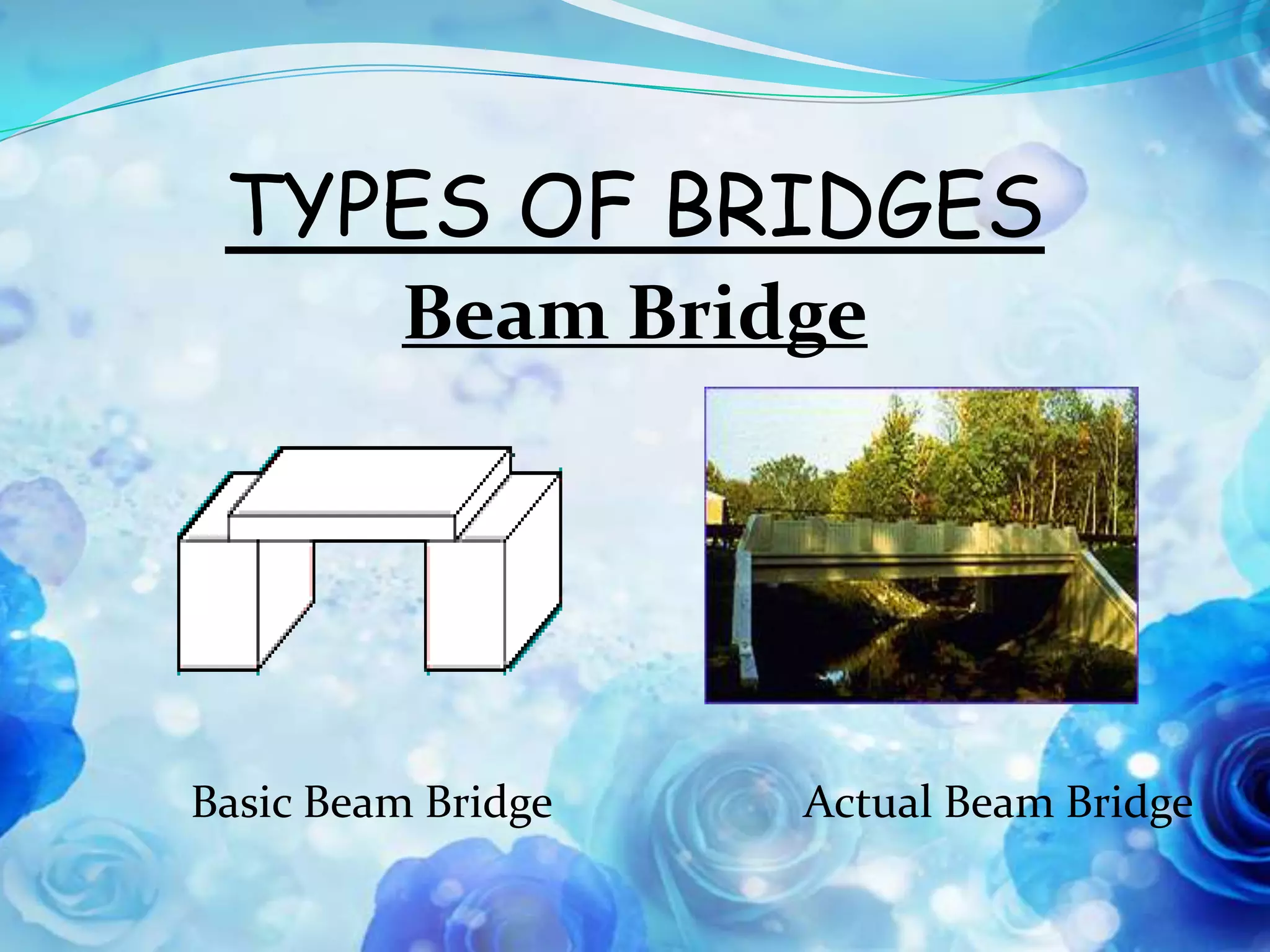 TYPES OF BRIDGES
         Beam Bridge




Basic Beam Bridge   Actual Beam Bridge
 