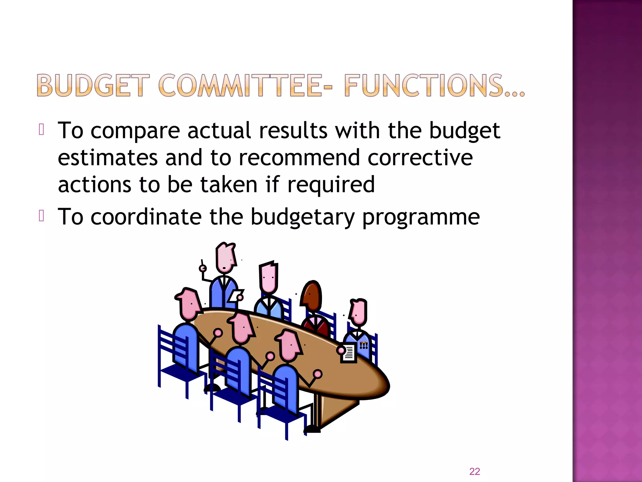  To compare actual results with the budget
estimates and to recommend corrective
actions to be taken if required
 To coordinate the budgetary programme
22
 