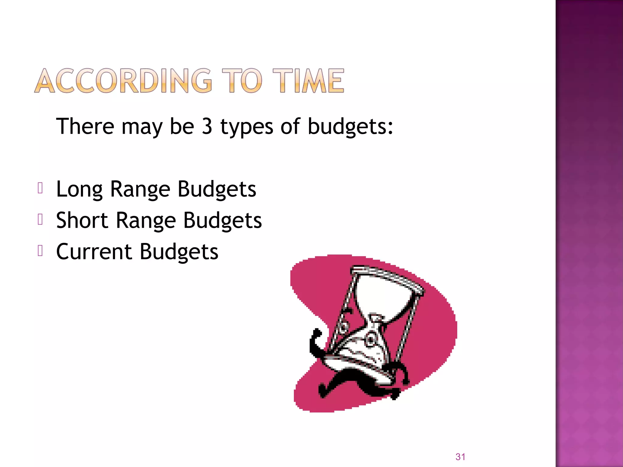 There may be 3 types of budgets:
 Long Range Budgets
 Short Range Budgets
 Current Budgets
31
 