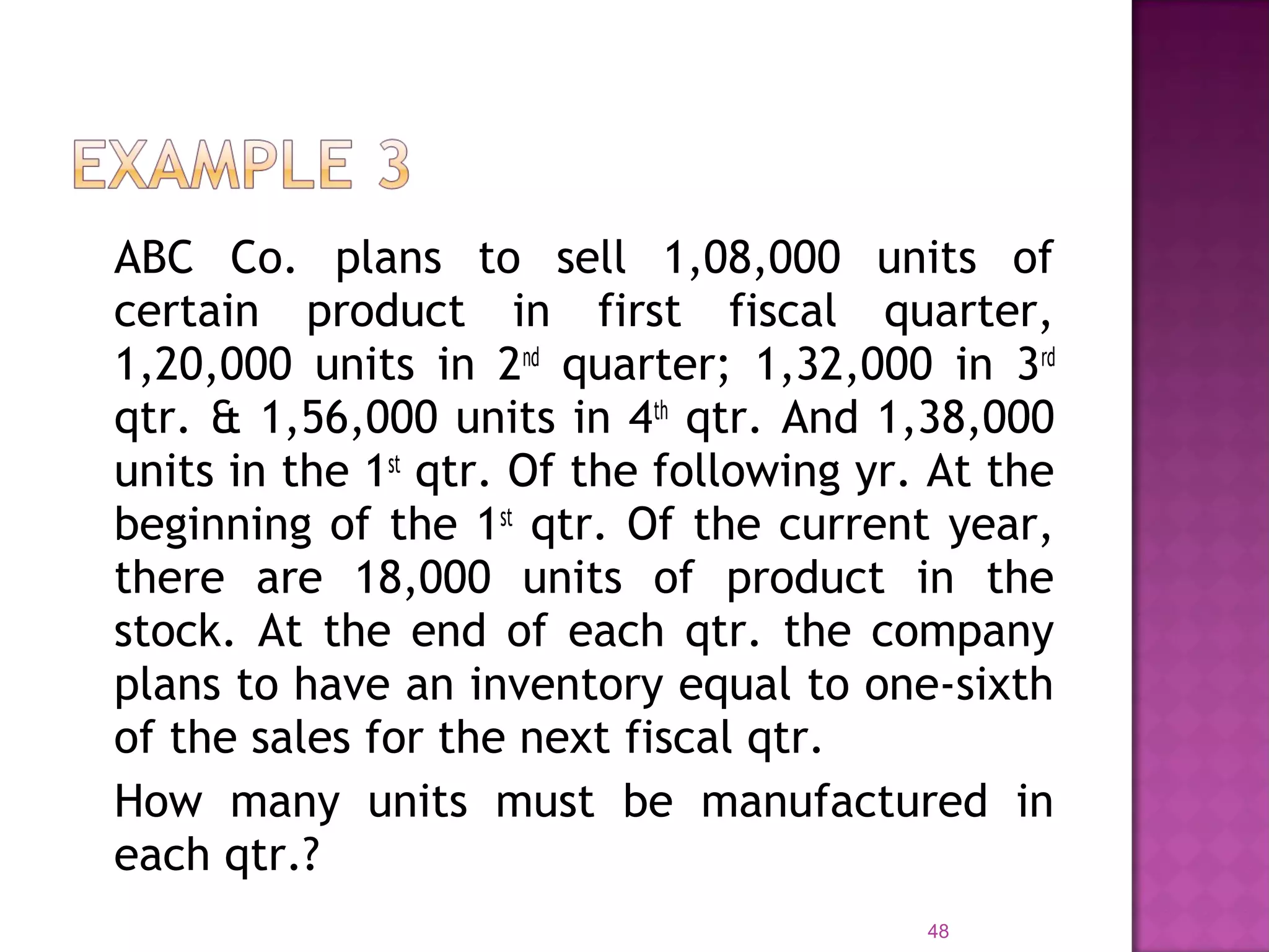ABC Co. plans to sell 1,08,000 units of
certain product in first fiscal quarter,
1,20,000 units in 2nd
quarter; 1,32,000 in 3rd
qtr. & 1,56,000 units in 4th
qtr. And 1,38,000
units in the 1st
qtr. Of the following yr. At the
beginning of the 1st
qtr. Of the current year,
there are 18,000 units of product in the
stock. At the end of each qtr. the company
plans to have an inventory equal to one-sixth
of the sales for the next fiscal qtr.
How many units must be manufactured in
each qtr.?
48
 