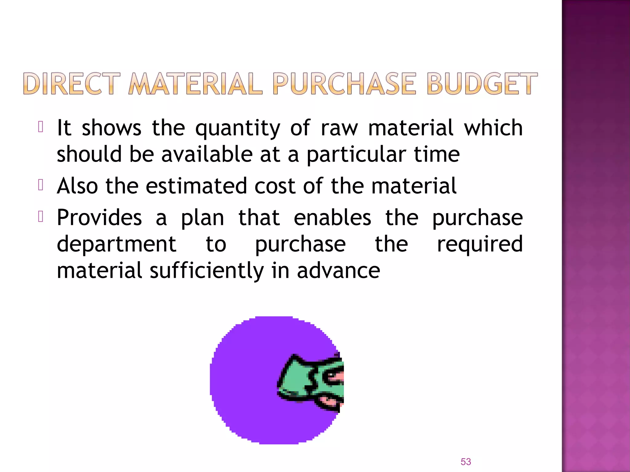  It shows the quantity of raw material which
should be available at a particular time
 Also the estimated cost of the material
 Provides a plan that enables the purchase
department to purchase the required
material sufficiently in advance
53
 
