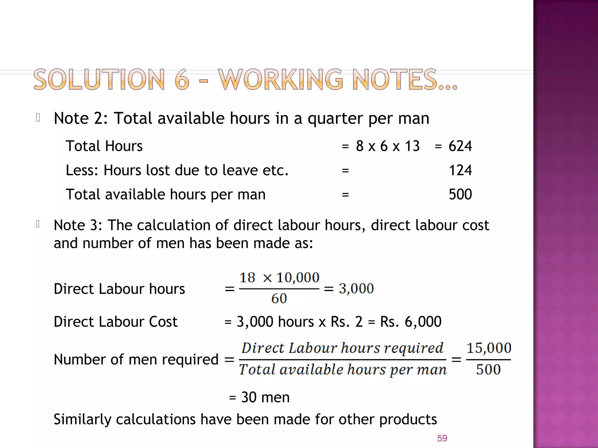  Note 2: Total available hours in a quarter per man
59
Total Hours = 8 x 6 x 13 = 624
Less: Hours lost due to leave etc. = 124
Total available hours per man = 500
 Note 3: The calculation of direct labour hours, direct labour cost
and number of men has been made as:
Direct Labour hours
Direct Labour Cost = 3,000 hours x Rs. 2 = Rs. 6,000
Number of men required
= 30 men
Similarly calculations have been made for other products
 