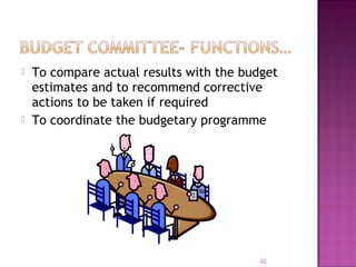  To compare actual results with the budget
estimates and to recommend corrective
actions to be taken if required
 To coordinate the budgetary programme
22
 