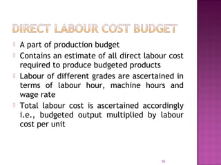  A part of production budget
 Contains an estimate of all direct labour cost
required to produce budgeted products
 Labour of different grades are ascertained in
terms of labour hour, machine hours and
wage rate
 Total labour cost is ascertained accordingly
i.e., budgeted output multiplied by labour
cost per unit
56
 