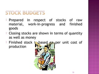  Prepared in respect of stocks of raw
material, work-in-progress and finished
goods
 Closing stocks are shown in terms of quantity
as well as money
 Finished stock is based on per unit cost of
production
70
 