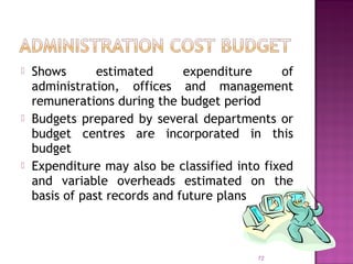  Shows estimated expenditure of
administration, offices and management
remunerations during the budget period
 Budgets prepared by several departments or
budget centres are incorporated in this
budget
 Expenditure may also be classified into fixed
and variable overheads estimated on the
basis of past records and future plans
72
 