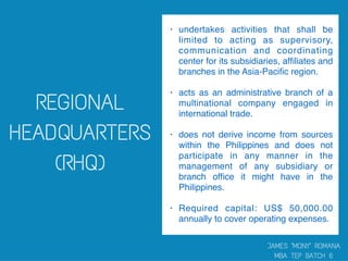 • undertakes activities that shall be
limited to acting as supervisory,
communication and coordinating
center for its subsidiaries, afﬁliates and
branches in the Asia-Paciﬁc region.
• acts as an administrative branch of a
multinational company engaged in
international trade.
• does not derive income from sources
within the Philippines and does not
participate in any manner in the
management of any subsidiary or
branch ofﬁce it might have in the
Philippines.
• Required capital: US$ 50,000.00
annually to cover operating expenses.
 