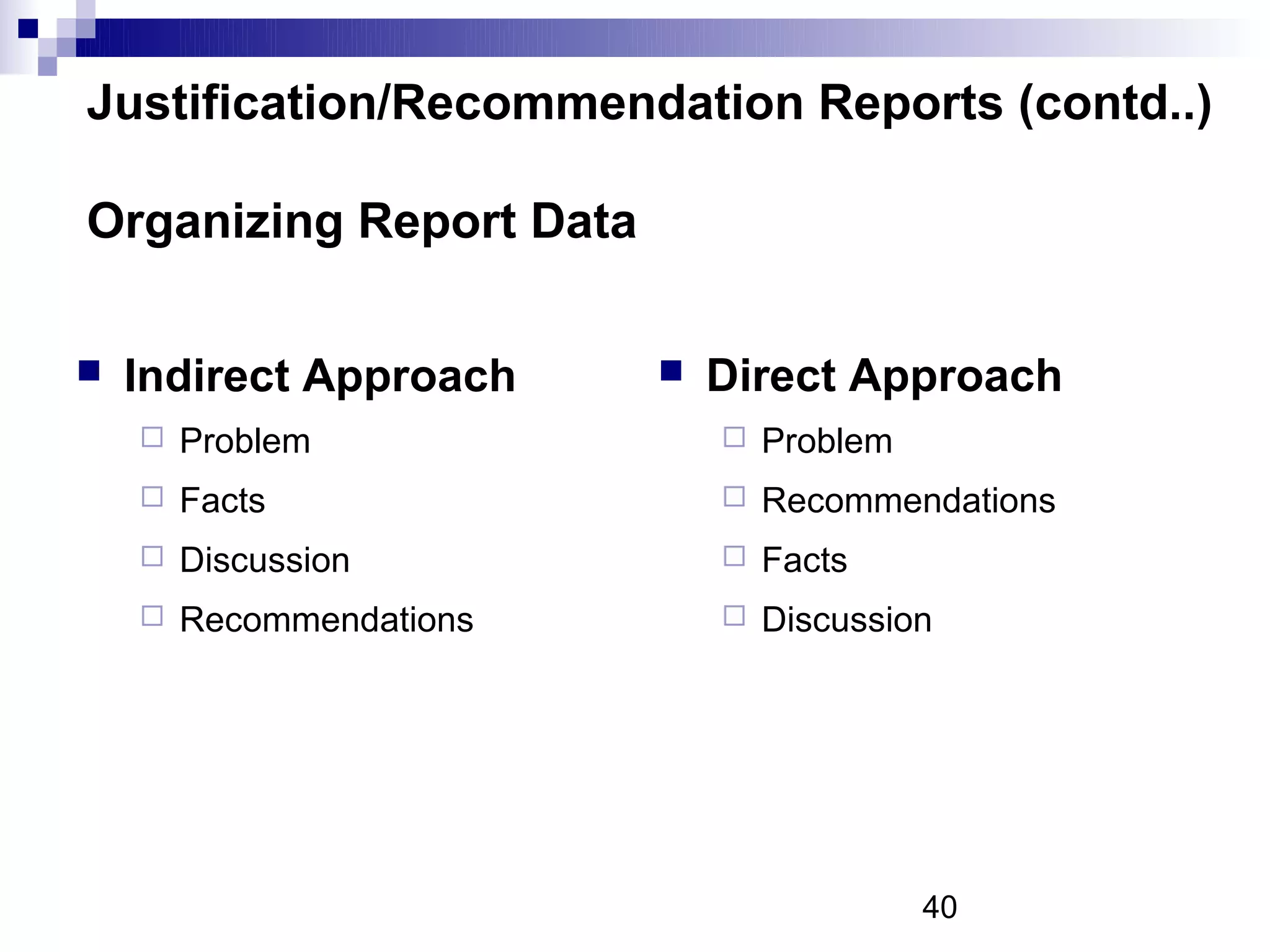 Justification/Recommendation Reports (contd..)

Organizing Report Data

   Indirect Approach        Direct Approach
       Problem                  Problem
       Facts                    Recommendations
       Discussion               Facts
       Recommendations          Discussion




                                            40
 