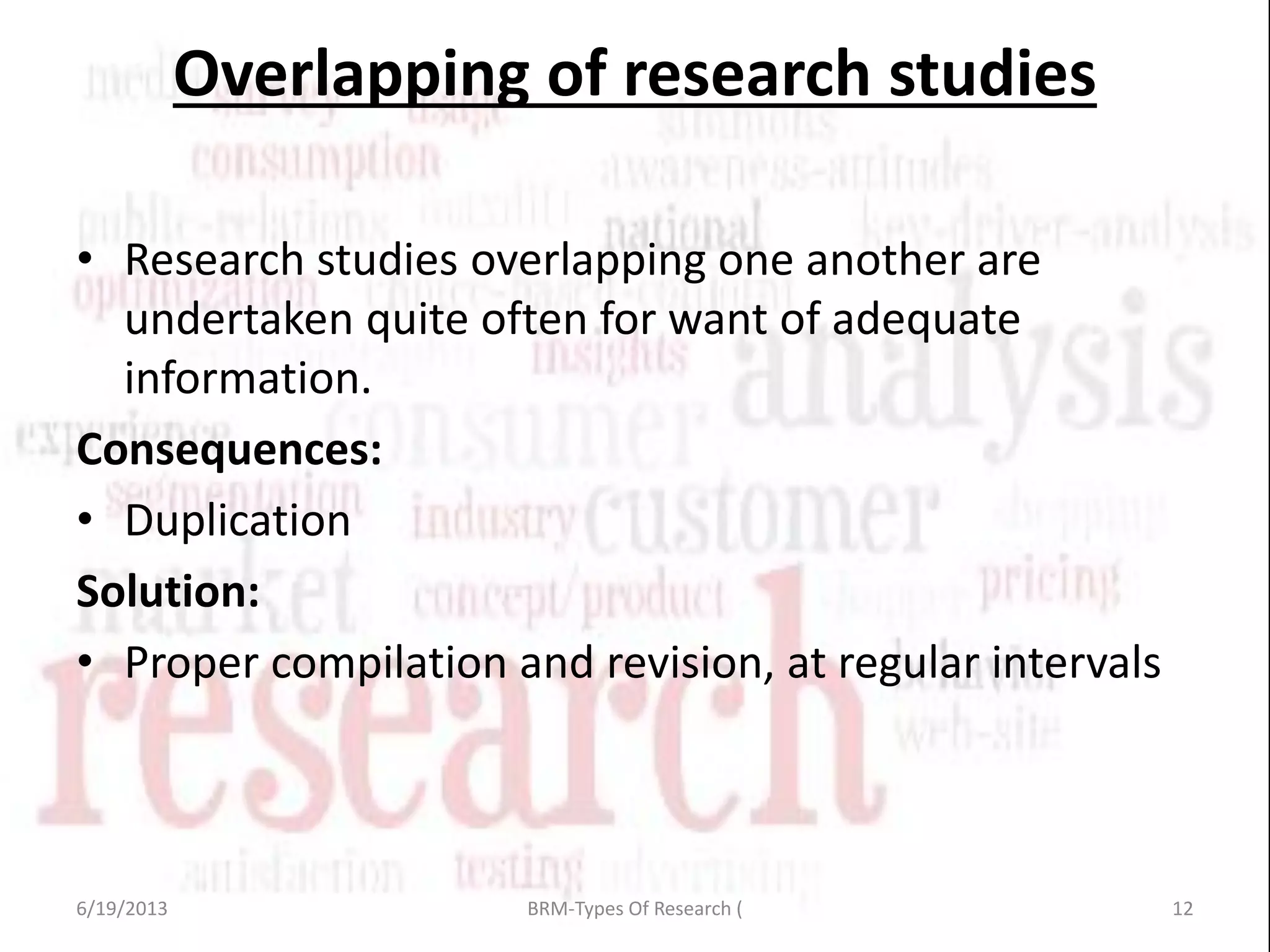 Overlapping of research studies
• Research studies overlapping one another are
undertaken quite often for want of adequate
information.
Consequences:
• Duplication
Solution:
• Proper compilation and revision, at regular intervals
6/19/2013 12BRM-Types Of Research (
 