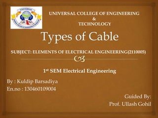 By : Kuldip Barsadiya
En.no : 130460109004
Guided By:
Prof. Ullash Gohil
UNIVERSAL COLLEGE OF ENGINEERING
&
TECHNOLOGY
1st SEM Electrical Engineering
SUBJECT: ELEMENTS OF ELECTRICAL ENGINEERING(2110005)
 