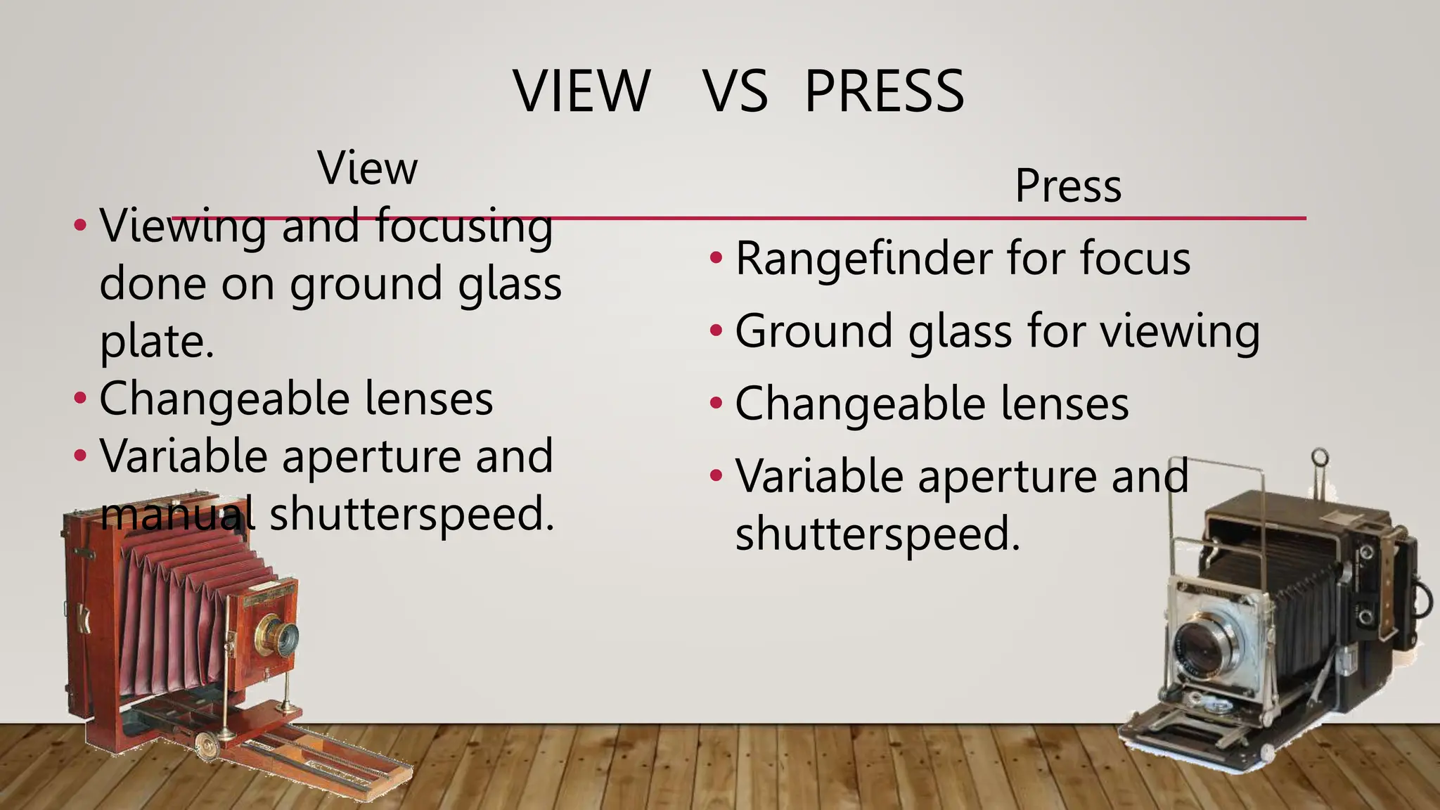 VIEW VS PRESS
View
• Viewing and focusing
done on ground glass
plate.
• Changeable lenses
• Variable aperture and
manual shutterspeed.
Press
• Rangefinder for focus
• Ground glass for viewing
• Changeable lenses
• Variable aperture and
shutterspeed.
 