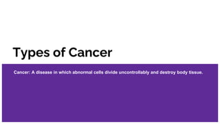 Types of Cancer
Cancer: A disease in which abnormal cells divide uncontrollably and destroy body tissue.
 