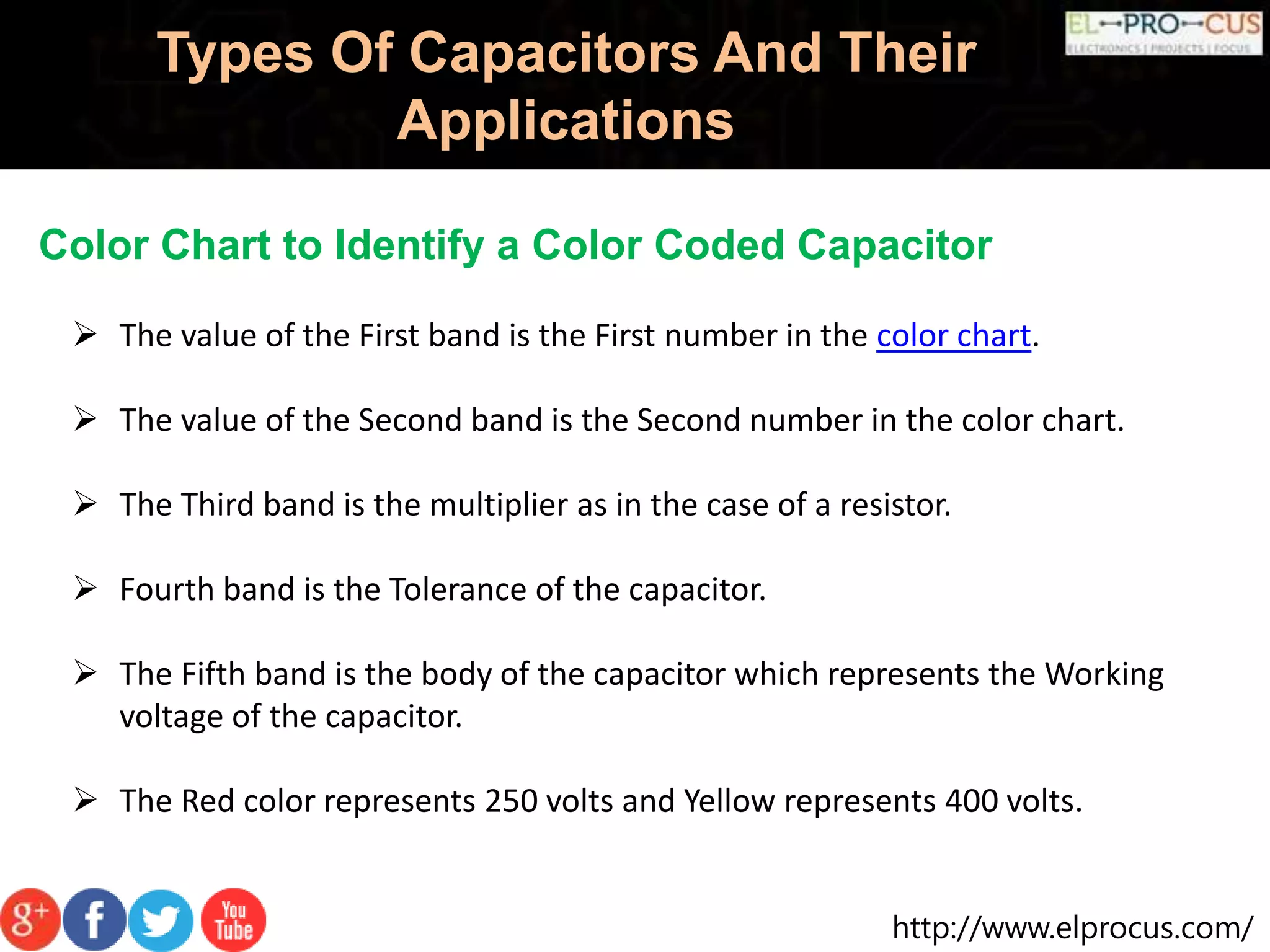 http://www.elprocus.com/
Types Of Capacitors And Their
Applications
Color Chart to Identify a Color Coded Capacitor
 The value of the First band is the First number in the color chart.
 The value of the Second band is the Second number in the color chart.
 The Third band is the multiplier as in the case of a resistor.
 Fourth band is the Tolerance of the capacitor.
 The Fifth band is the body of the capacitor which represents the Working
voltage of the capacitor.
 The Red color represents 250 volts and Yellow represents 400 volts.
 