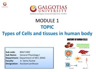 MODULE 1
TOPIC
Types of Cells and tissues in human body
 